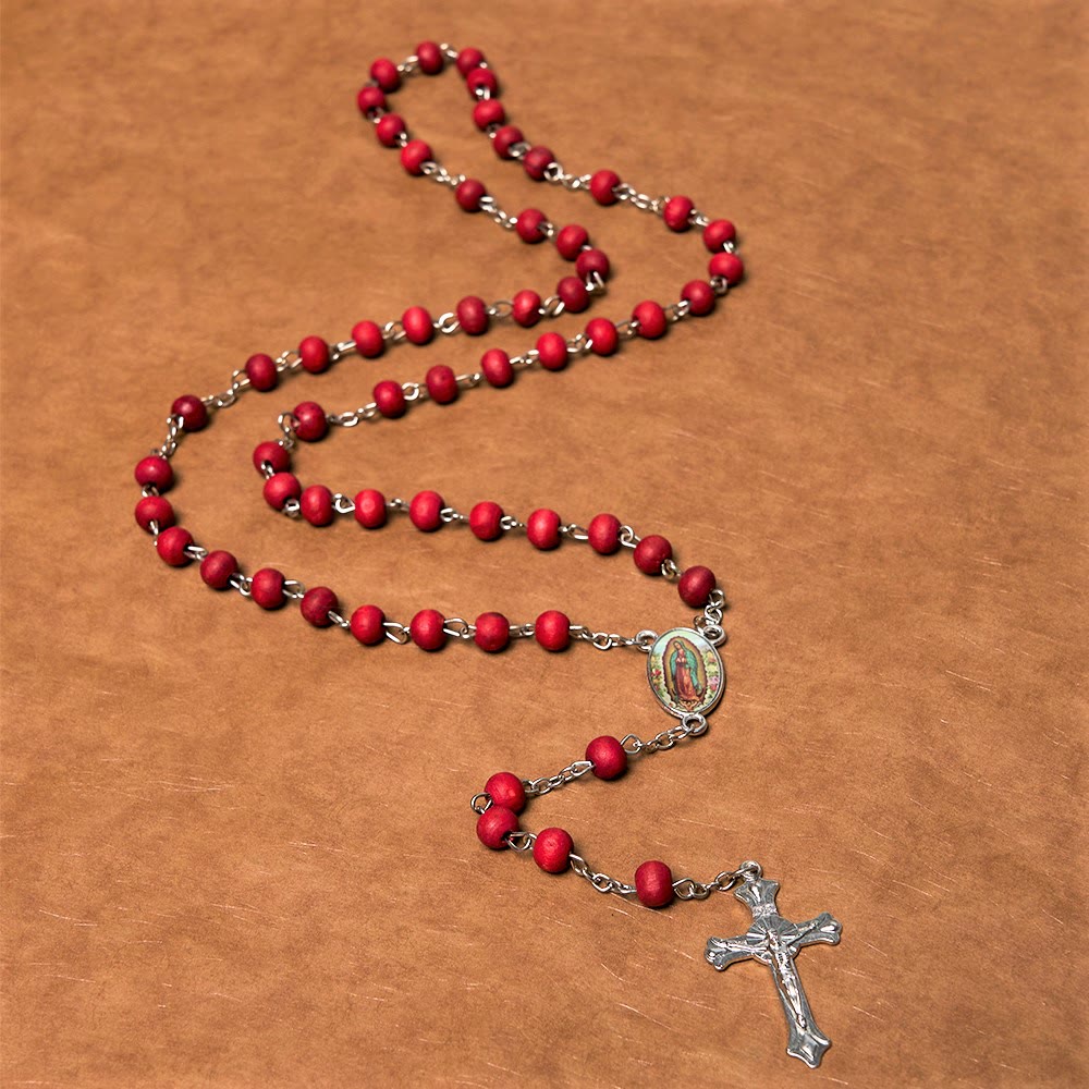 Christiandiscipleshop Our Lady of Guadalupe & Crucifix of 6 mm Round Multicolor Wood Alloy Chain Rosary