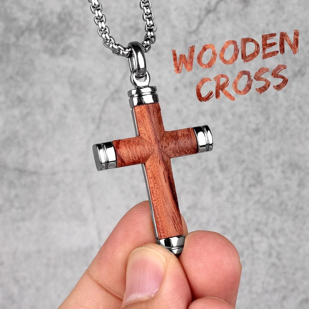 Christiandiscipleshop Pearwood Wooden Cross Pendant Titanium Necklace