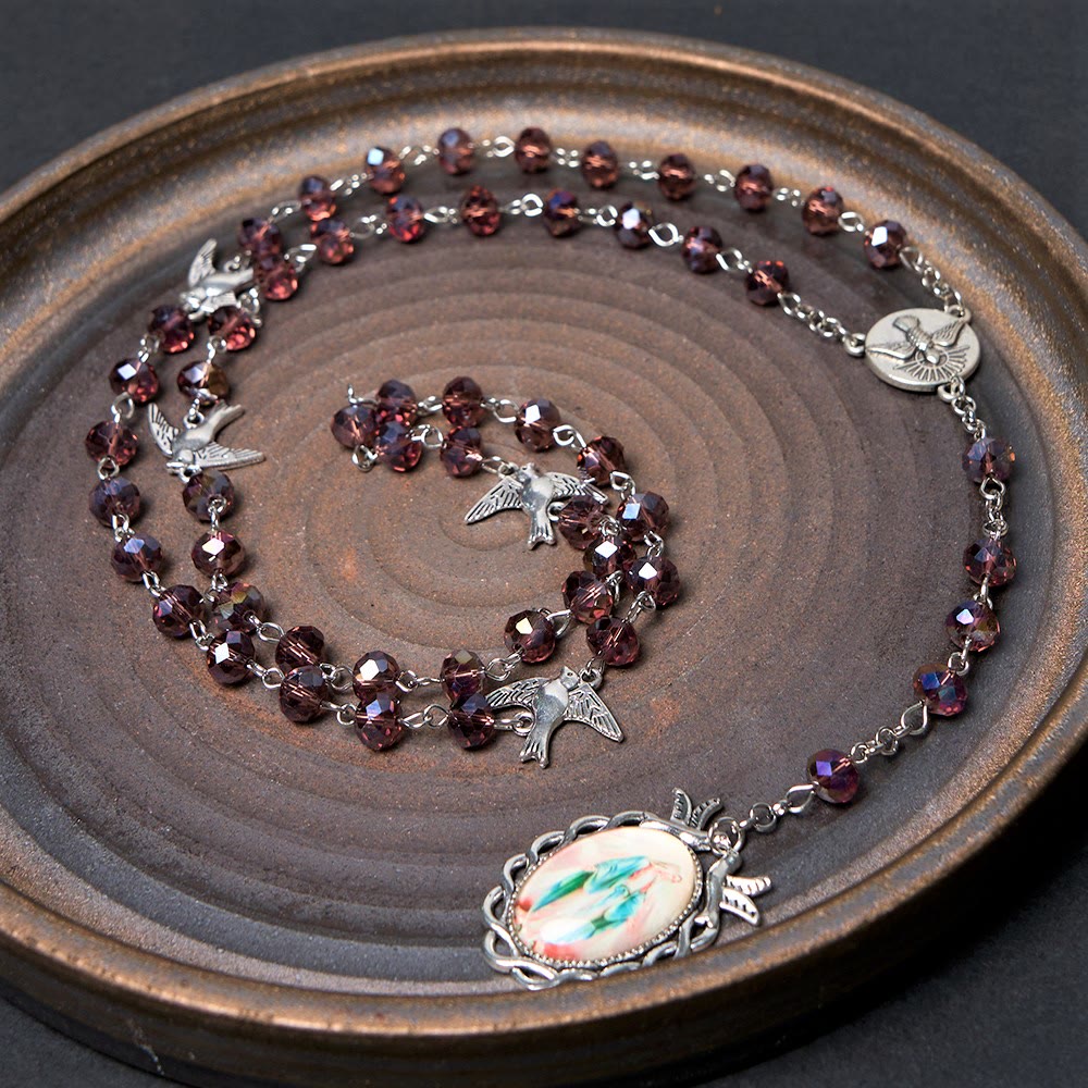 christiandiscipleshop Holy Spirit & Our Lady of Grace of 6*8 mm Polyhedron Purple Crystal Alloy Chain Rosary
