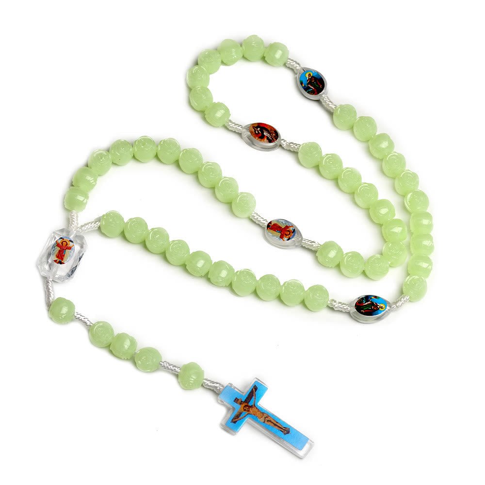 Christiandiscipleshop Crucifix of 10 mm Rose Luminous Green Resin Nylon Cord Rosary