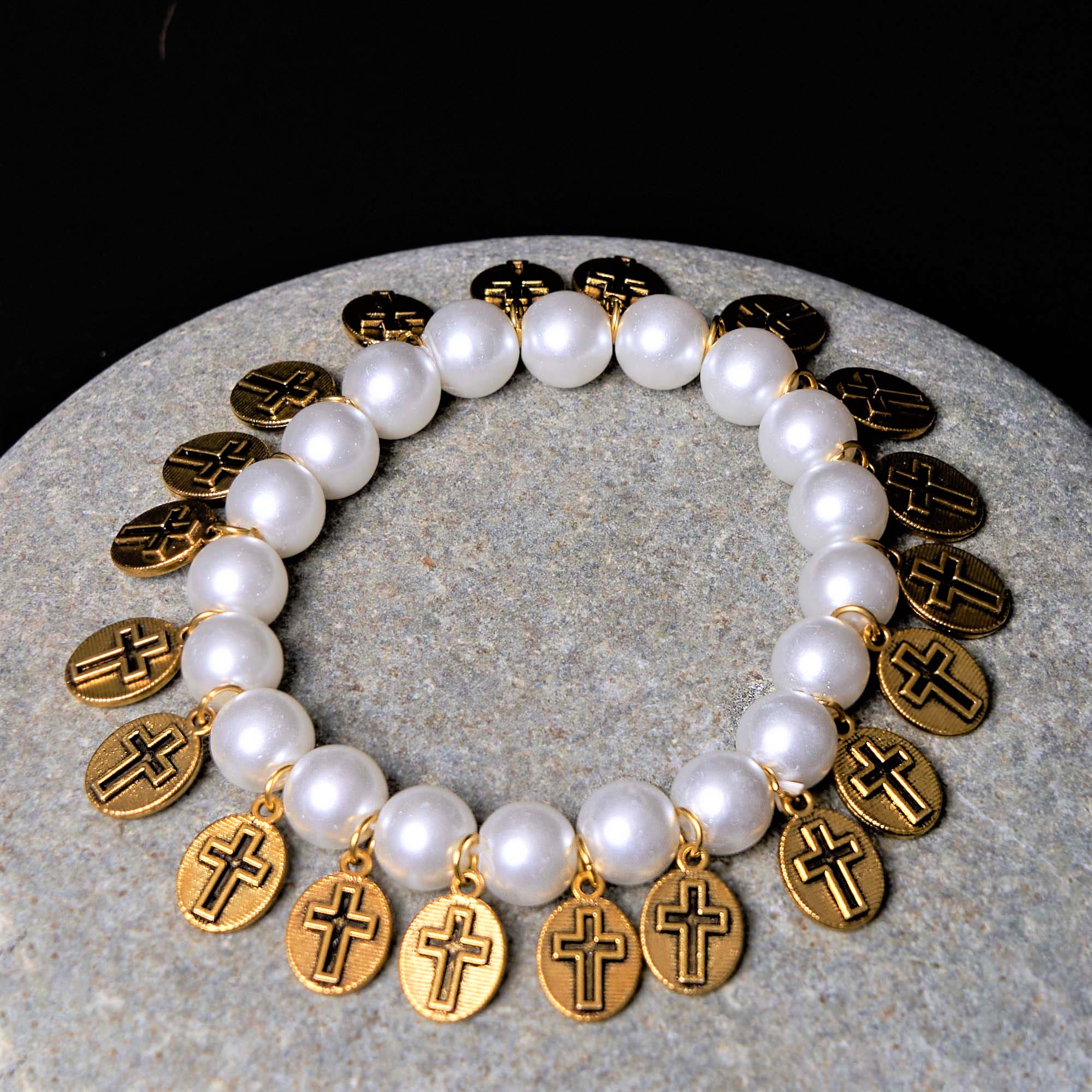 Christiandiscipleshop Retro Style Saint Jesus Mary Medals Cross Pearl Bracelet