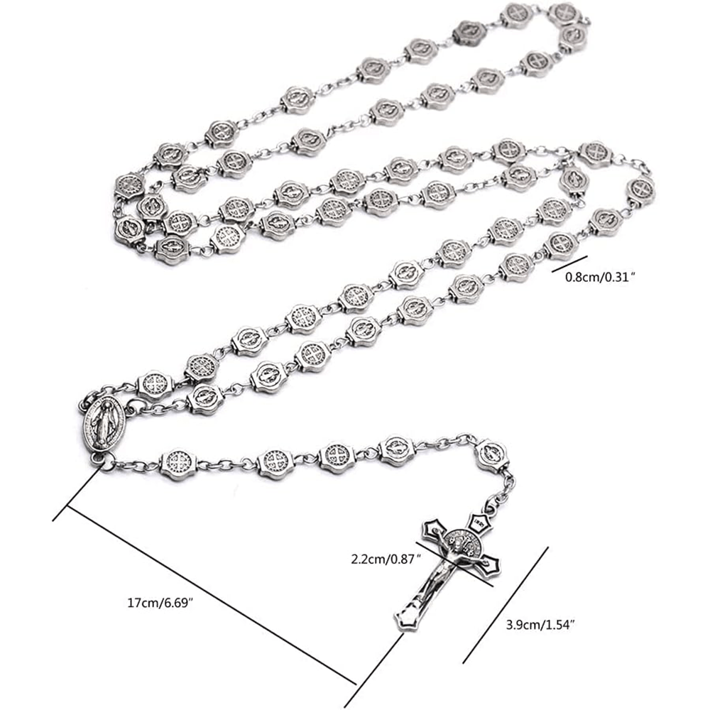 Christiandiscipleshop St. Benedict Medal & Crucifix of 8 mm Polyhedron Silver Metal Alloy Chain Rosary