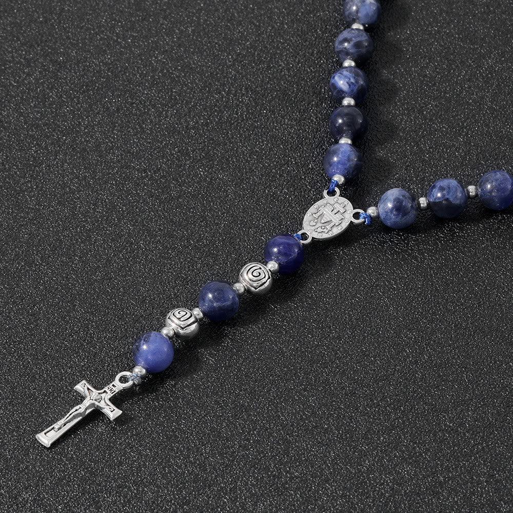 christiandiscipleshop Miraculous Medal & Crucifix of 8 mm Round Multicolor Stone Nylon Cord Rosary