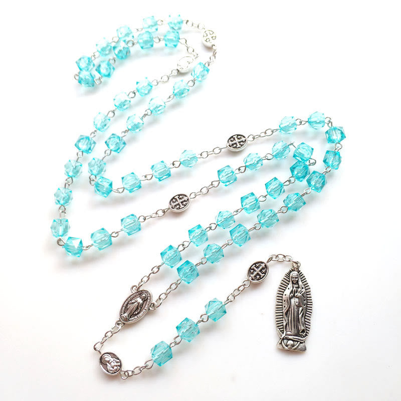 christiandiscipleshop Miraculous Medal & Our Lady of Guadalupe of 8 mm Polyhedron Blue Crystal Alloy Chain Rosary