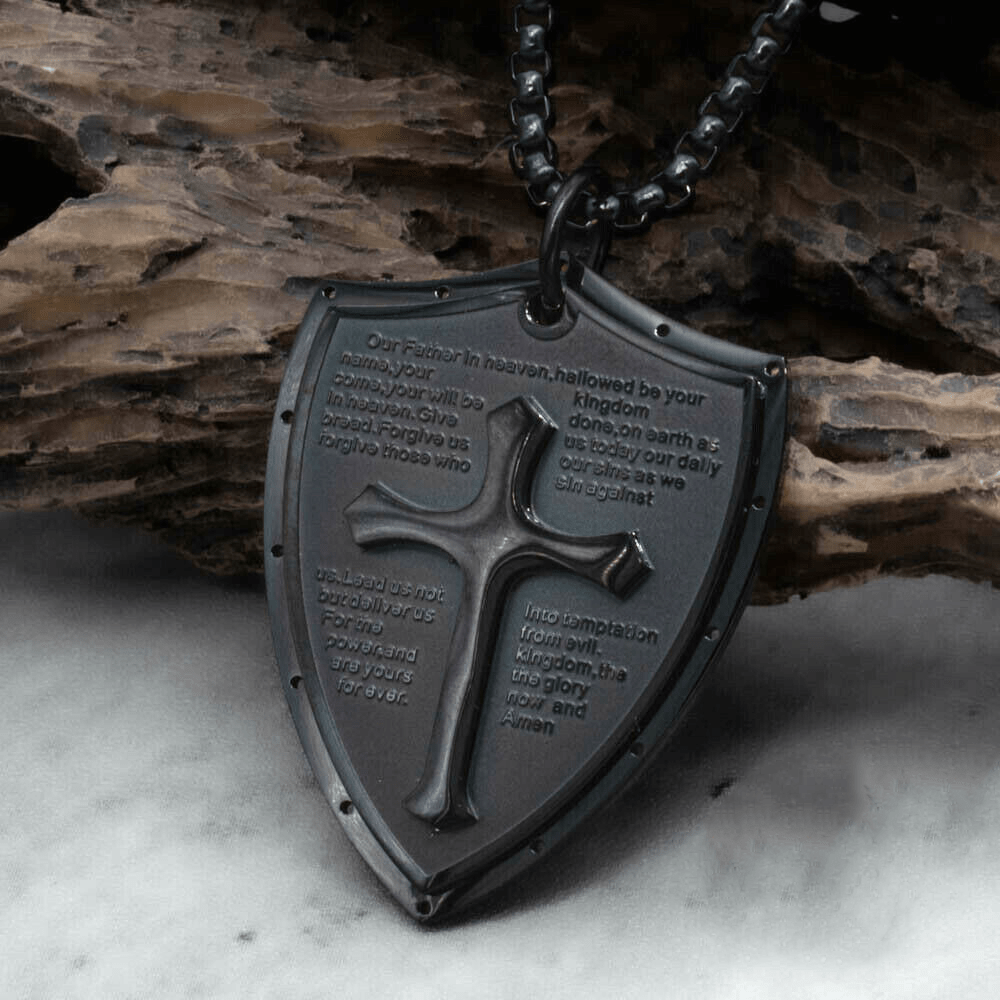 christiandiscipleshop Stainless Steel Lords Prayer Cross Shield Pendant Necklace