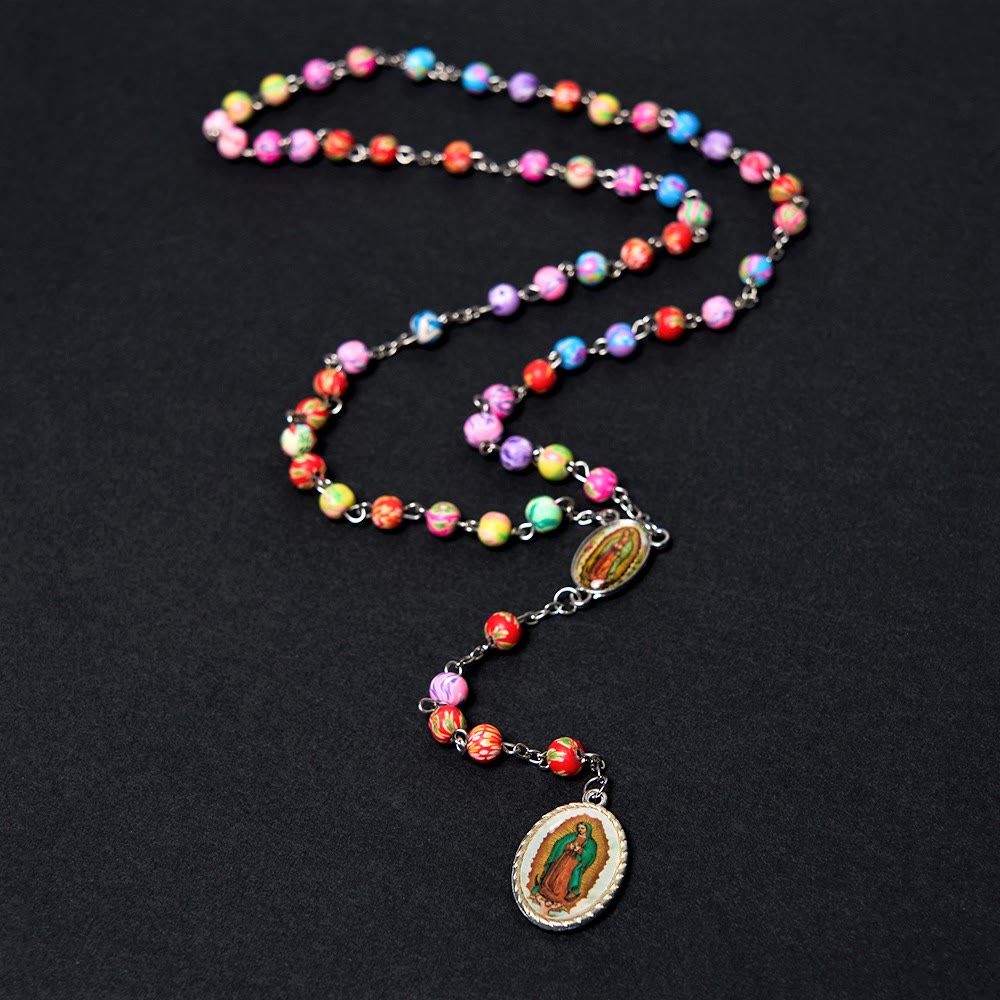 Christiandiscipleshop Our Lady of Guadalupe & Crucifix of 6 mm Round Multicolor Polymer Clay Alloy Chain Rosary