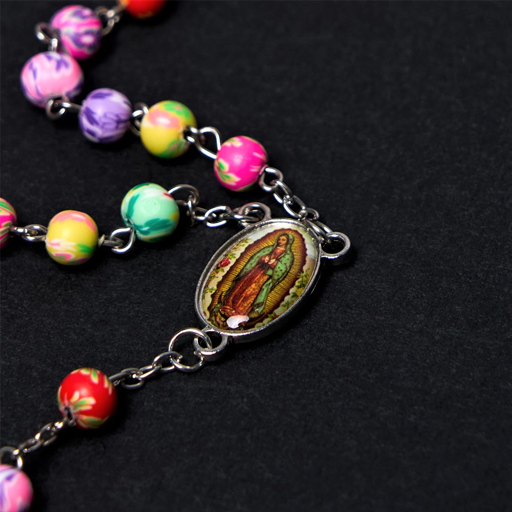 Christiandiscipleshop Our Lady of Guadalupe & Crucifix of 6 mm Round Multicolor Polymer Clay Alloy Chain Rosary