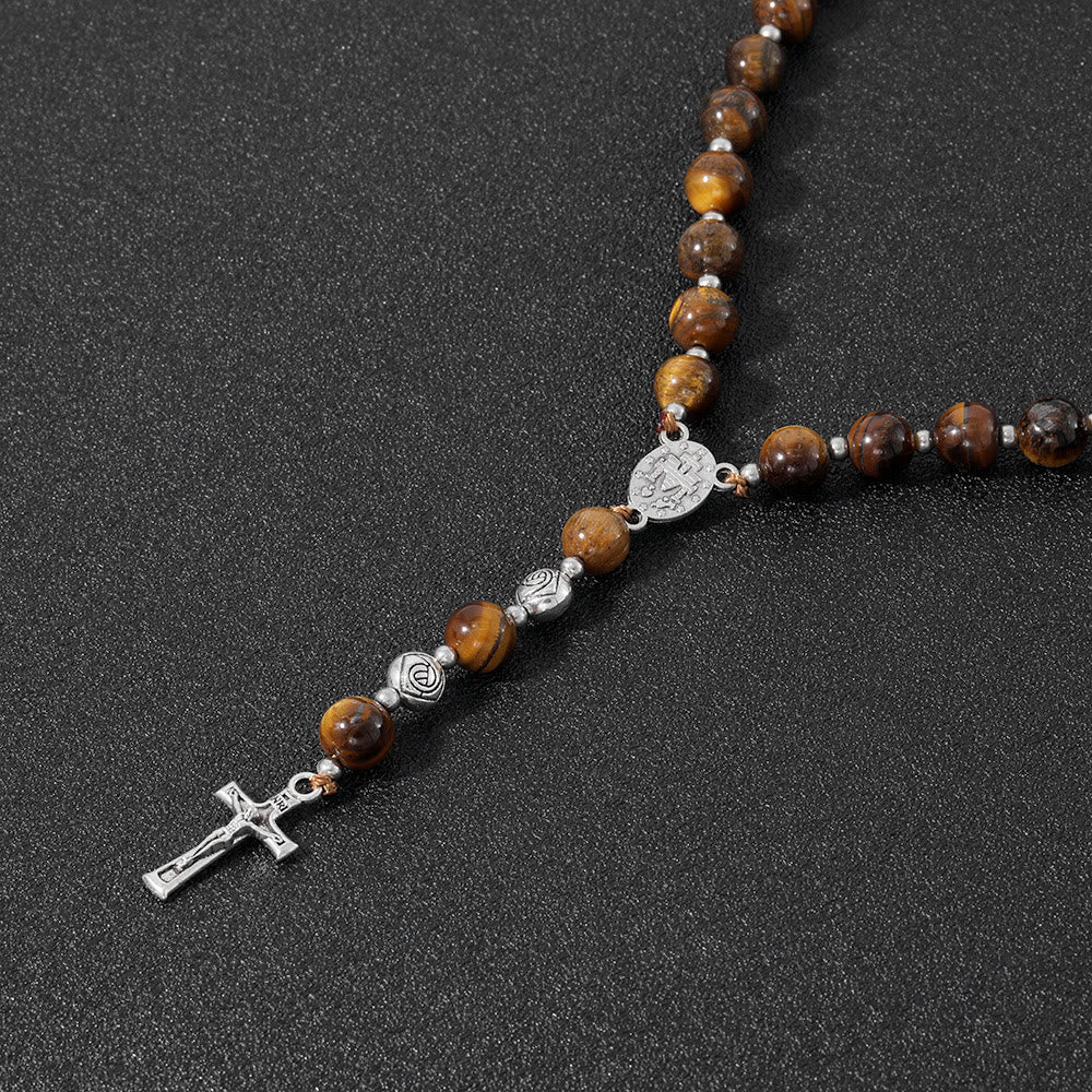 christiandiscipleshop Miraculous Medal & Crucifix of 8 mm Round Multicolor Stone Nylon Cord Rosary