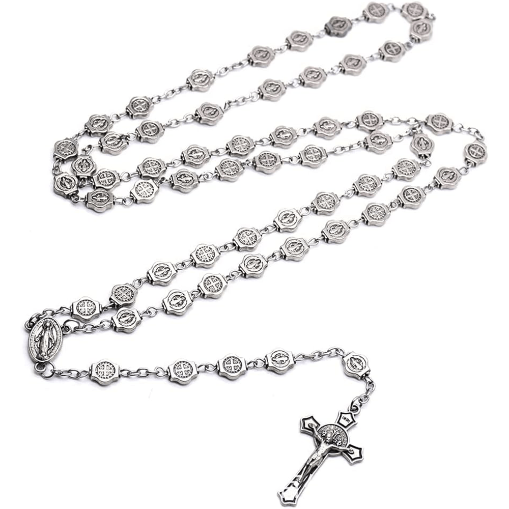 Christiandiscipleshop St. Benedict Medal & Crucifix of 8 mm Polyhedron Silver Metal Alloy Chain Rosary