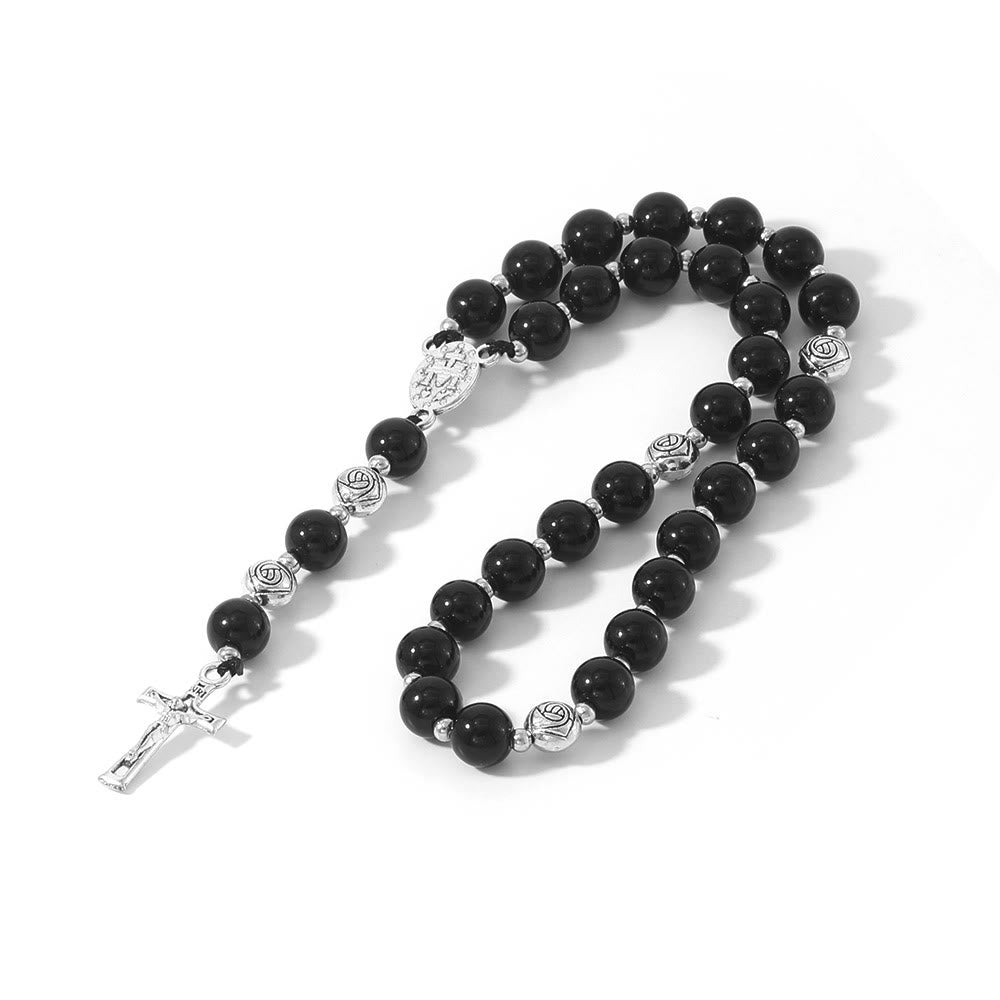 christiandiscipleshop Miraculous Medal & Crucifix of 8 mm Round Multicolor Stone Nylon Cord Rosary