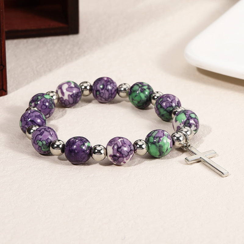 FREE Today:10mm Purple and Green Stone Bracelet with Cross