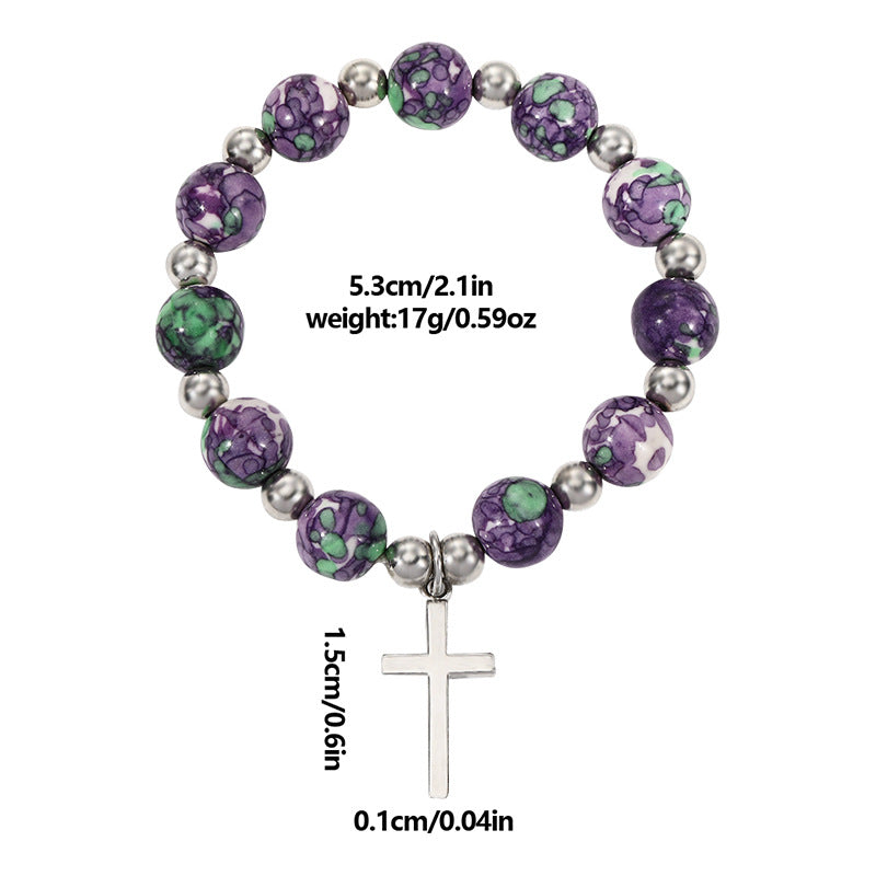 FREE Today:10mm Purple and Green Stone Bracelet with Cross