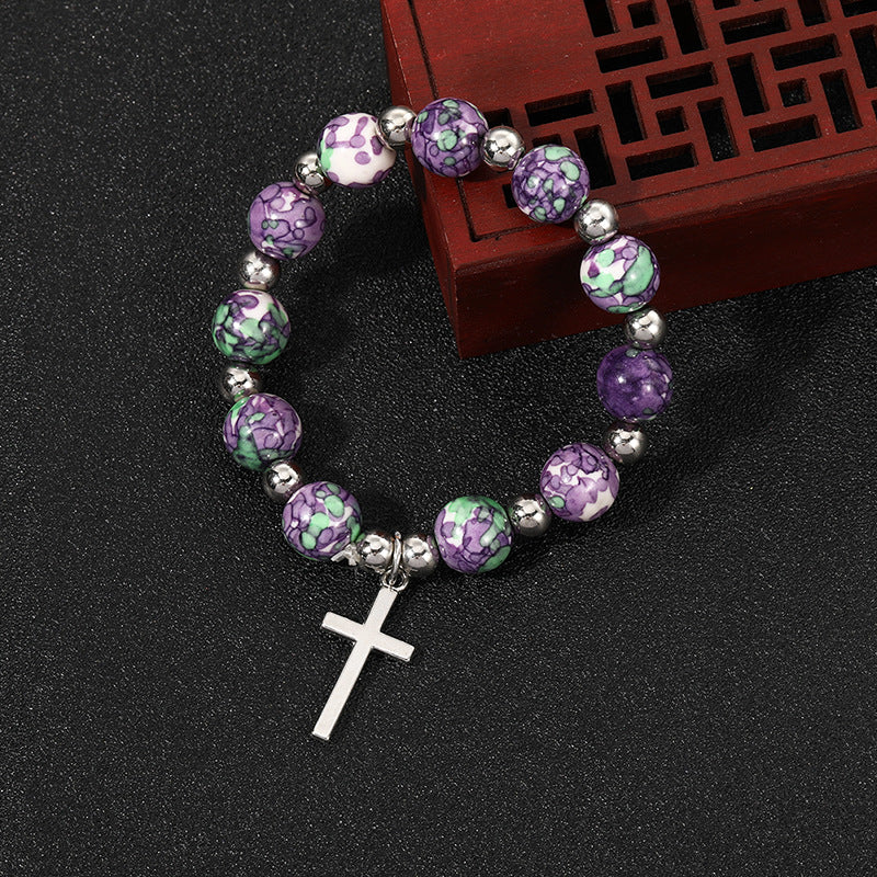 FREE Today:10mm Purple and Green Stone Bracelet with Cross