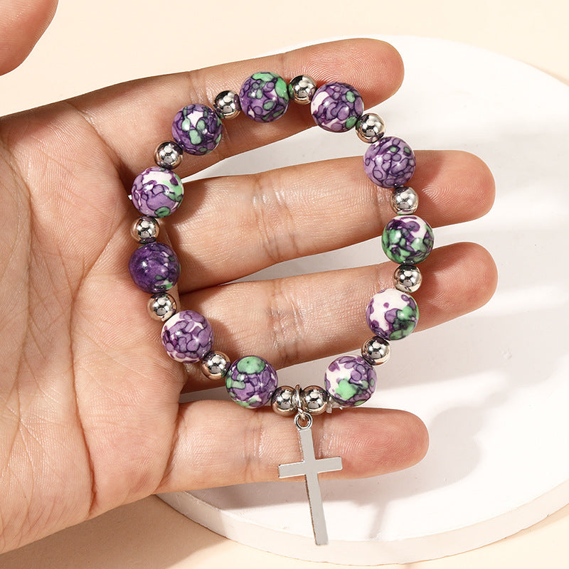 FREE Today:10mm Purple and Green Stone Bracelet with Cross