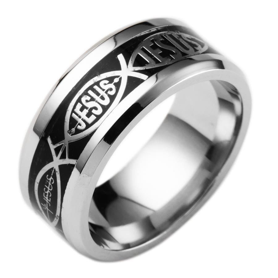 Christiandiscipleshop Rustic Stainless Steel Ring: "Jesus" in Fish