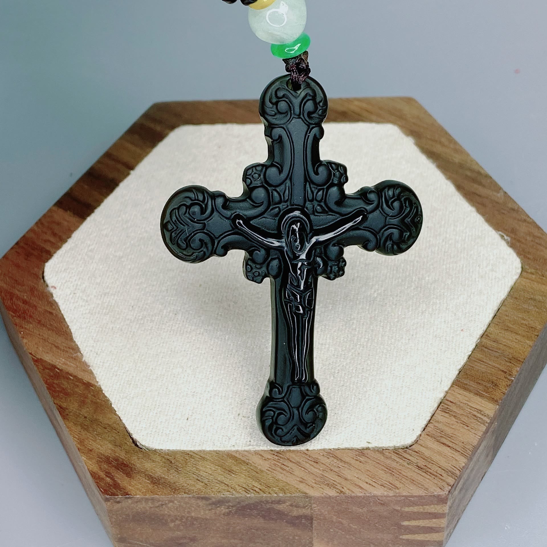 Christianartworkshop Classic Style Crafted Obsidian Crucifix Pendant Necklace