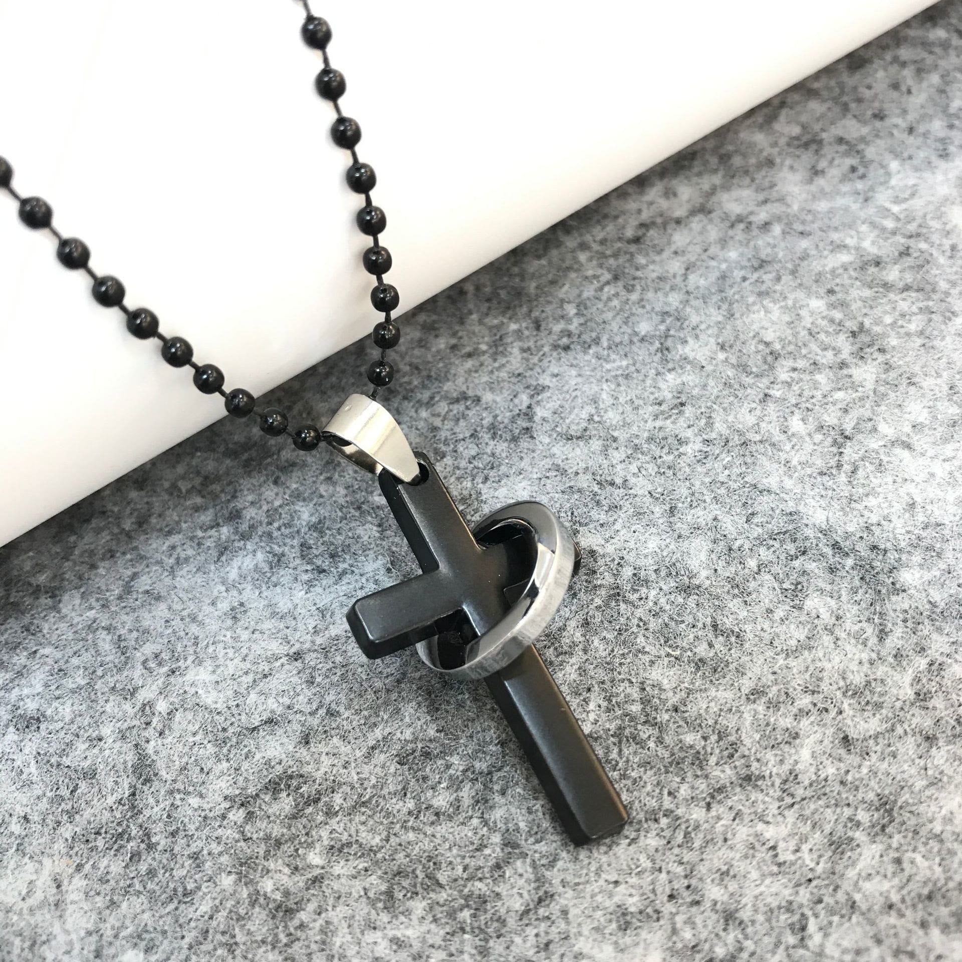 christiandiscipleshop Minimalist Style Cross Ring Black Pendant Alloy Necklace