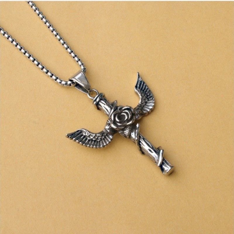 Christiandiscipleshop Retro Style Wings Rose Cross Pendant Titanium Necklace