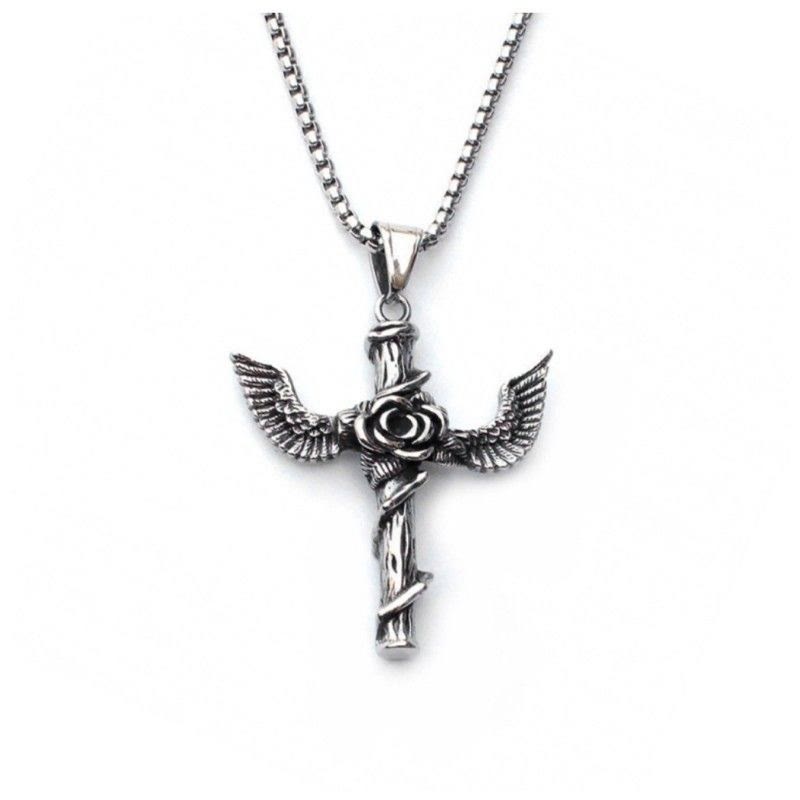 Christiandiscipleshop Retro Style Wings Rose Cross Pendant Titanium Necklace