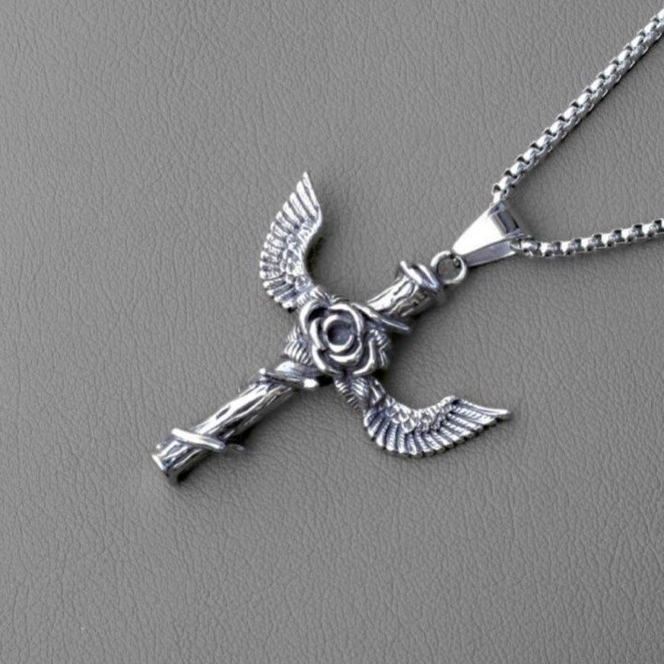 Christiandiscipleshop Retro Style Wings Rose Cross Pendant Titanium Necklace