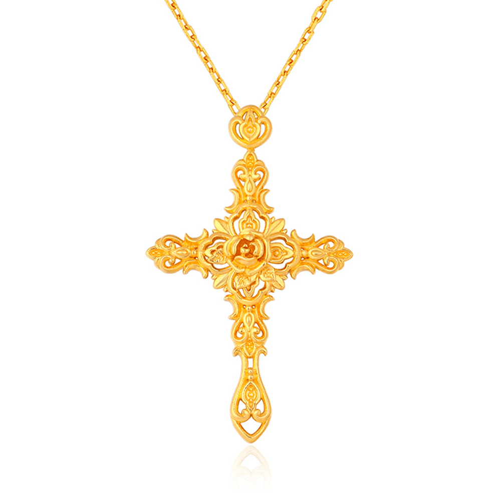 Christianartworkshop 999 Pure Gold Retro Style Thorn Rose Cross Ancient Craftsmanship Pendant