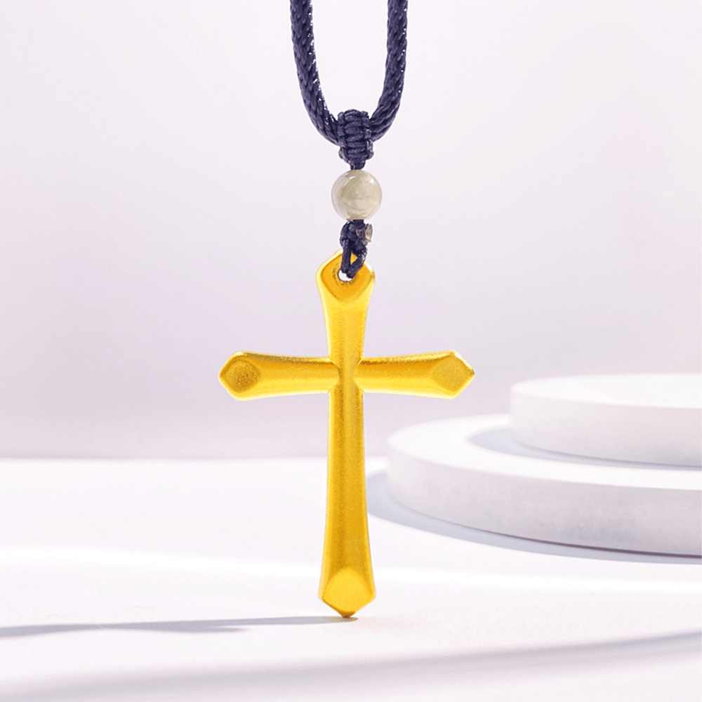 Christianartworkshop 999 Solid Gold Minimalist Style Cross Frosted Pendant Necklace