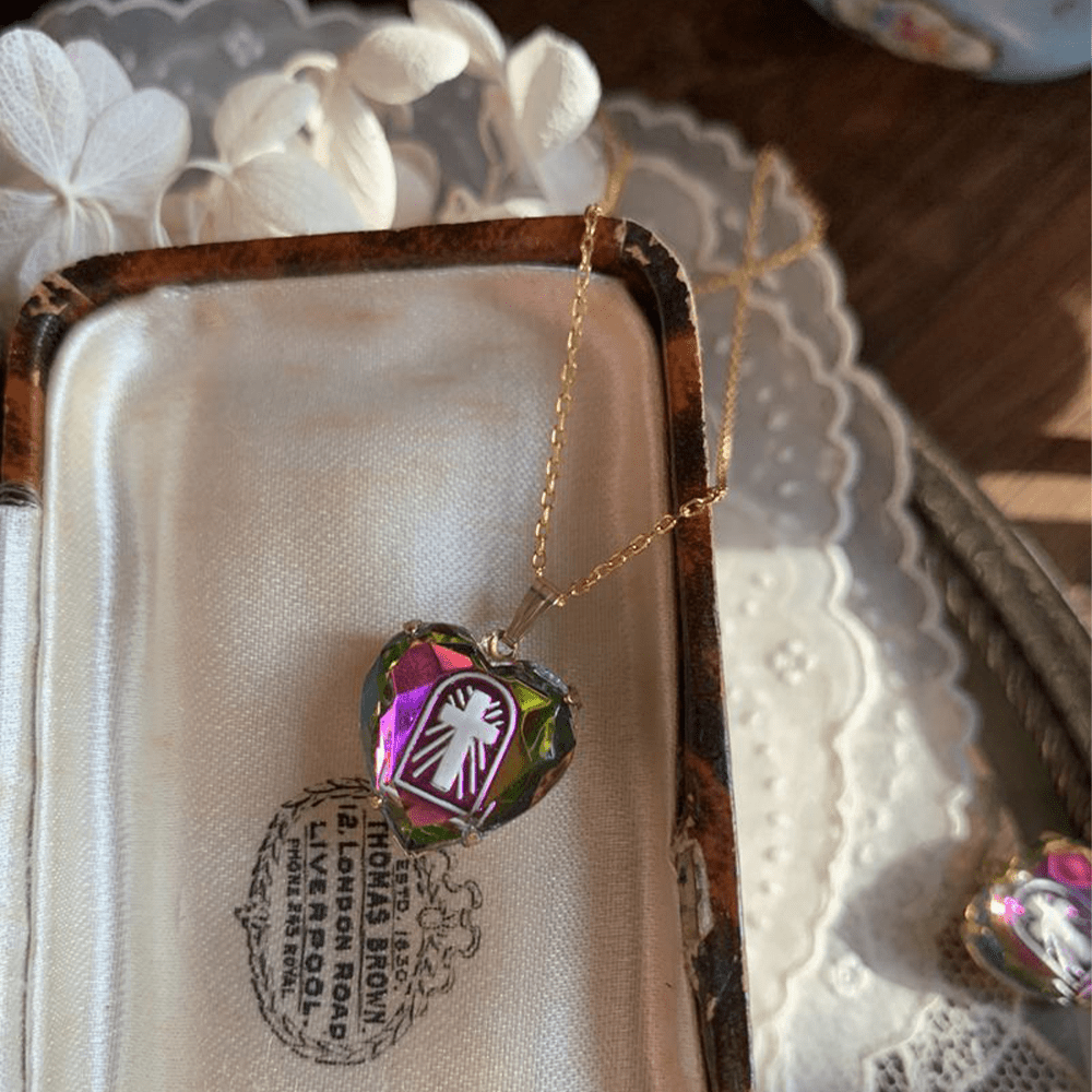 christiandiscipleshop Intaglio Enamel Technique Vintage Style Iridescent Heart-Cross Glass Necklace