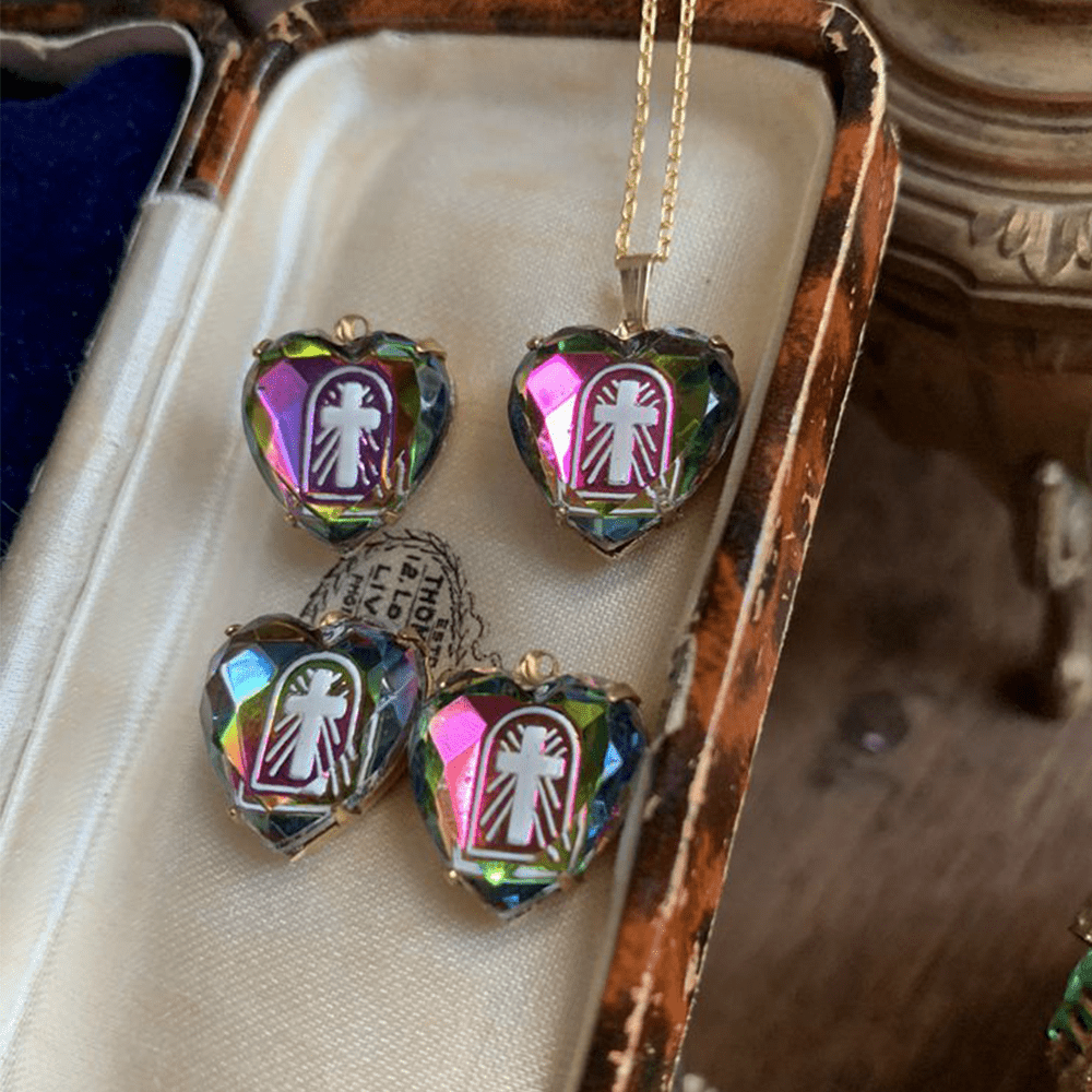 christiandiscipleshop Intaglio Enamel Technique Vintage Style Iridescent Heart-Cross Glass Necklace