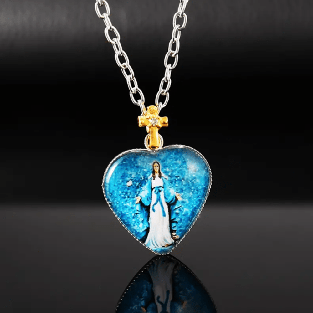 Christiandiscipleshop Classic Style Heart-shaped Virgin Mary Glass Pendant Necklace