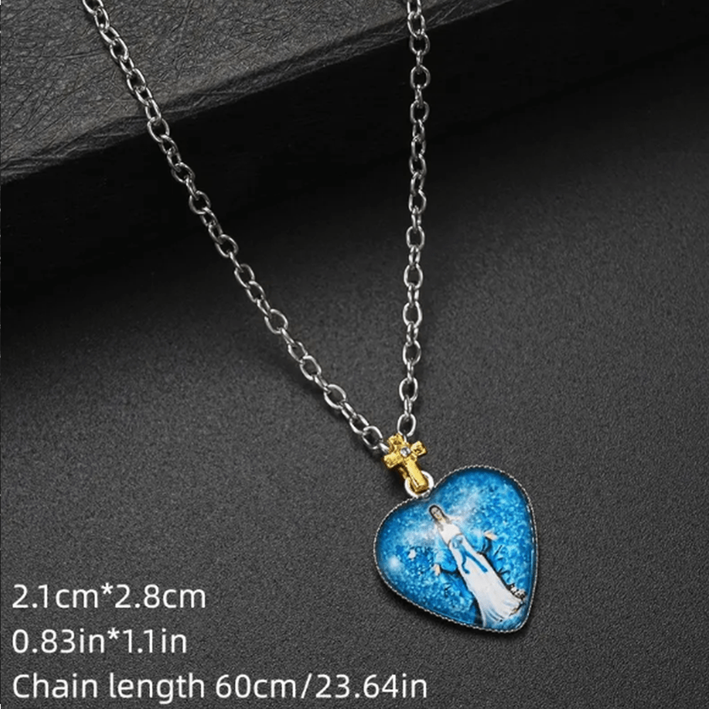 Christiandiscipleshop Classic Style Heart-shaped Virgin Mary Glass Pendant Necklace