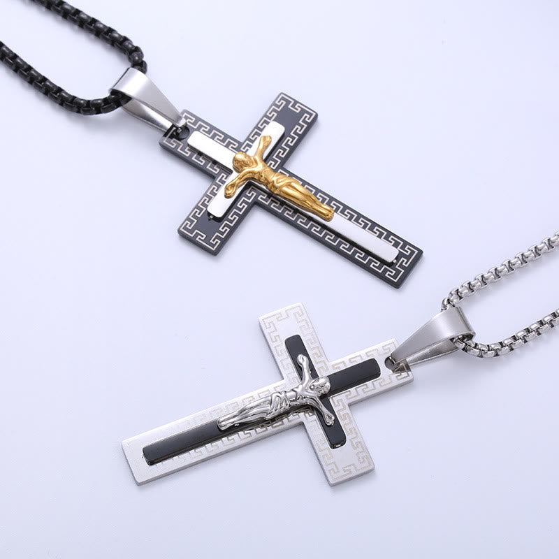 Christiandiscipleshop Retro Style Triple Layer Crucifix Pendant Titanium Necklace