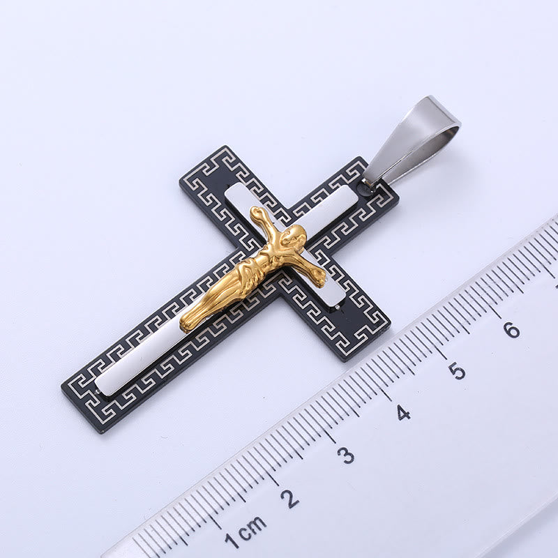 Christiandiscipleshop Retro Style Triple Layer Crucifix Pendant Titanium Necklace