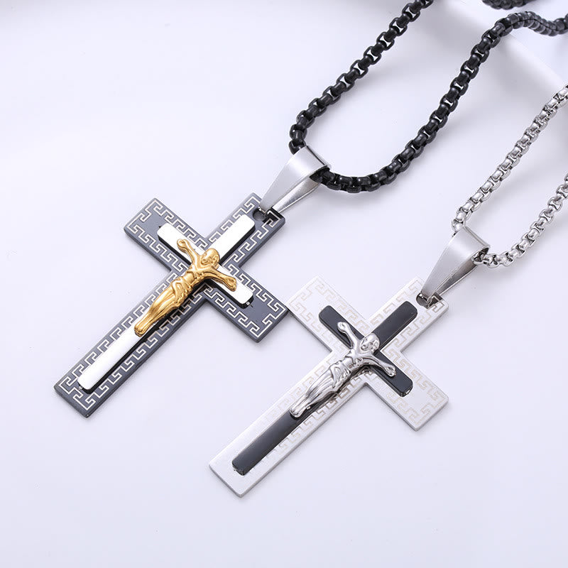 Christiandiscipleshop Retro Style Triple Layer Crucifix Pendant Titanium Necklace