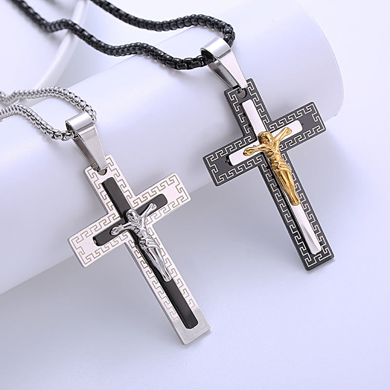 Christiandiscipleshop Retro Style Triple Layer Crucifix Pendant Titanium Necklace