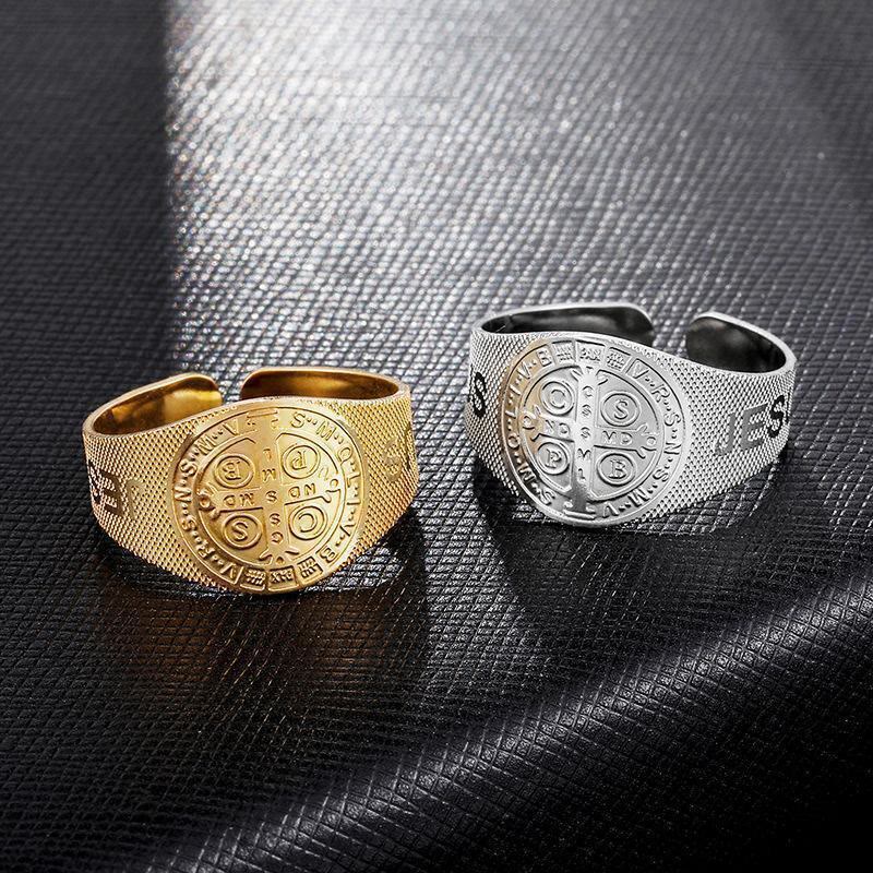 Christiandiscipleshop Classic Style JESUS St. Benedict Symbol Titanium Adjustable Ring