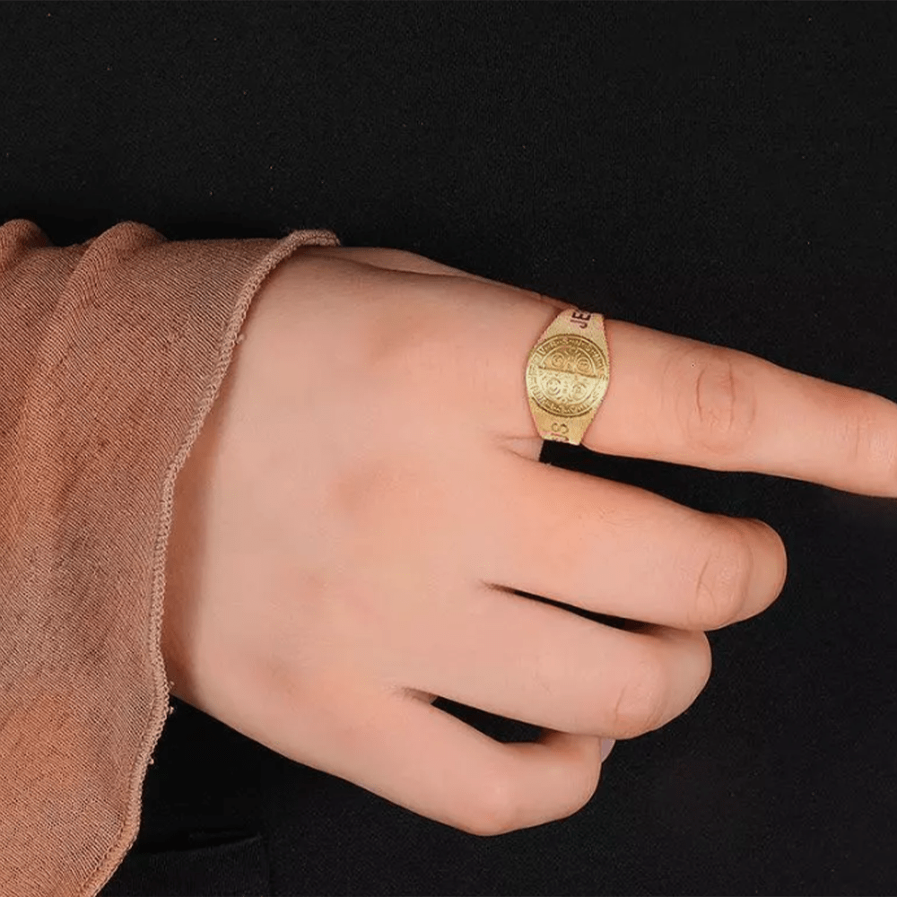 Christiandiscipleshop Classic Style JESUS St. Benedict Symbol Titanium Adjustable Ring