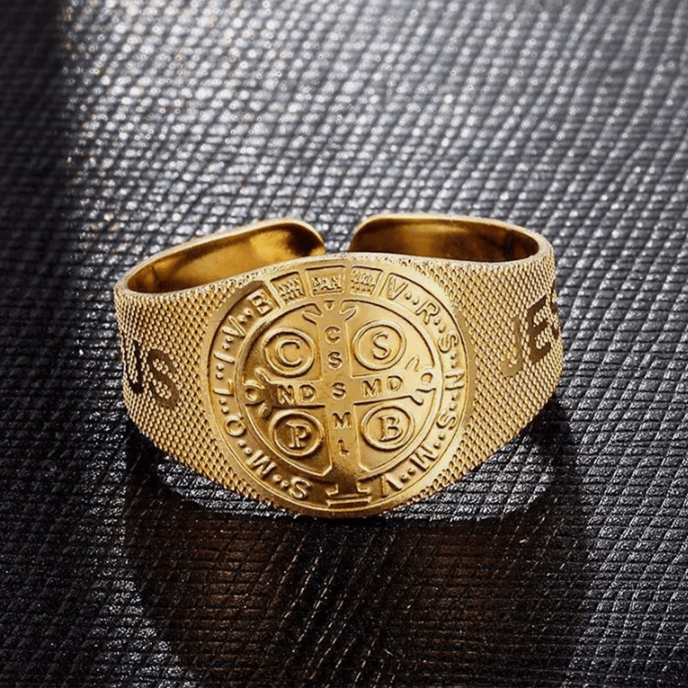 Christiandiscipleshop Classic Style JESUS St. Benedict Symbol Titanium Adjustable Ring
