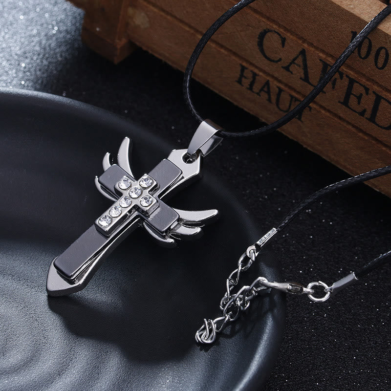 christiandiscipleshop Minimalist Style Cross Angel Wings Glossy Rhinestones Pendant Necklace