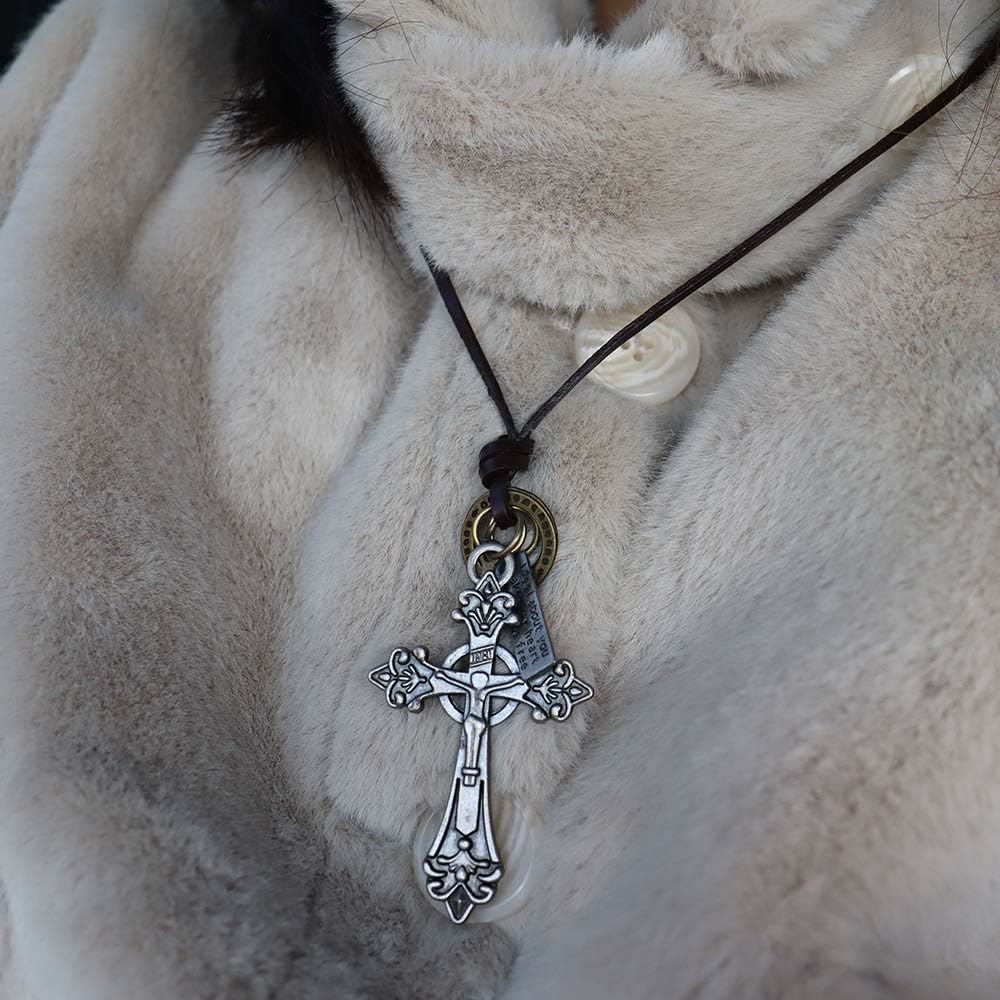 Christiandiscipleshop Retro Classic Style Crucifix Pendant Leather Rope Necklace