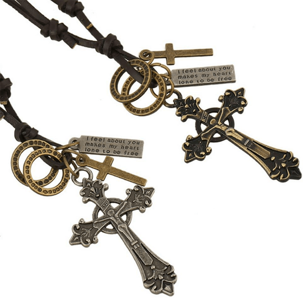 Christiandiscipleshop Retro Classic Style Crucifix Pendant Leather Rope Necklace