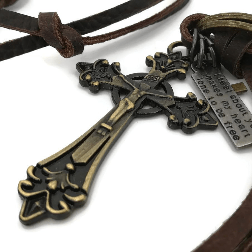 Christiandiscipleshop Retro Classic Style Crucifix Pendant Leather Rope Necklace