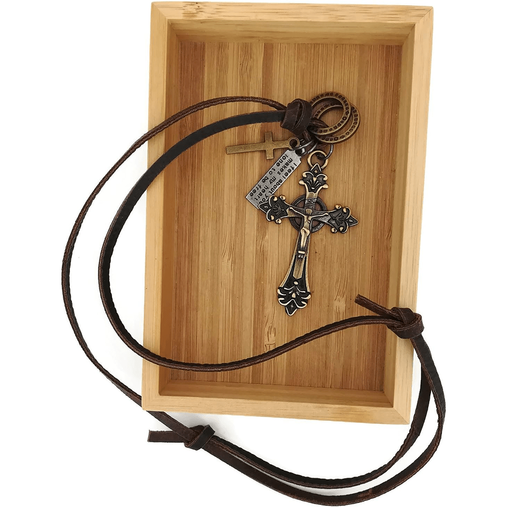 Christiandiscipleshop Retro Classic Style Crucifix Pendant Leather Rope Necklace