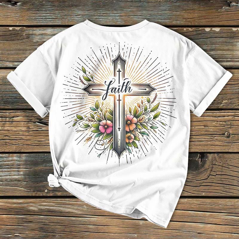 Christianartworkshop Classic Colored Style Floral Cross Short Sleeve Washed T-shirt