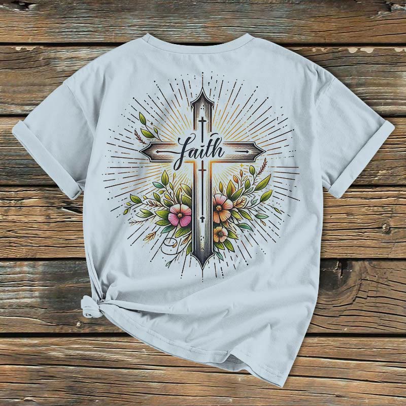 Christianartworkshop Classic Colored Style Floral Cross Short Sleeve Washed T-shirt