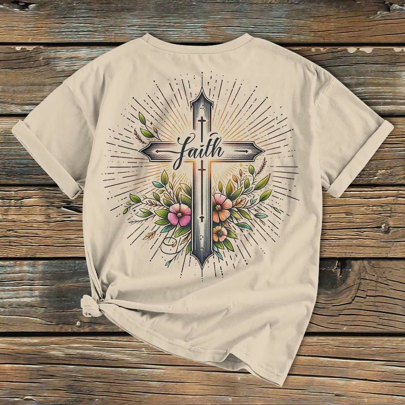 Christianartworkshop Classic Colored Style Floral Cross Short Sleeve Washed T-shirt