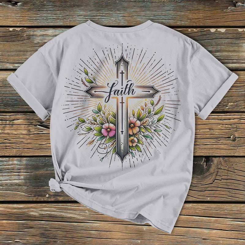 Christianartworkshop Classic Colored Style Floral Cross Short Sleeve Washed T-shirt