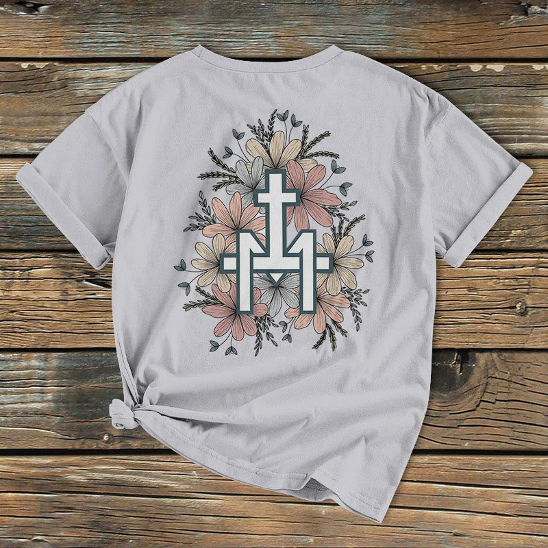 Christianartworkshop Classic Colored Style Floral Marian Cross Short Sleeve Washed T-shirt