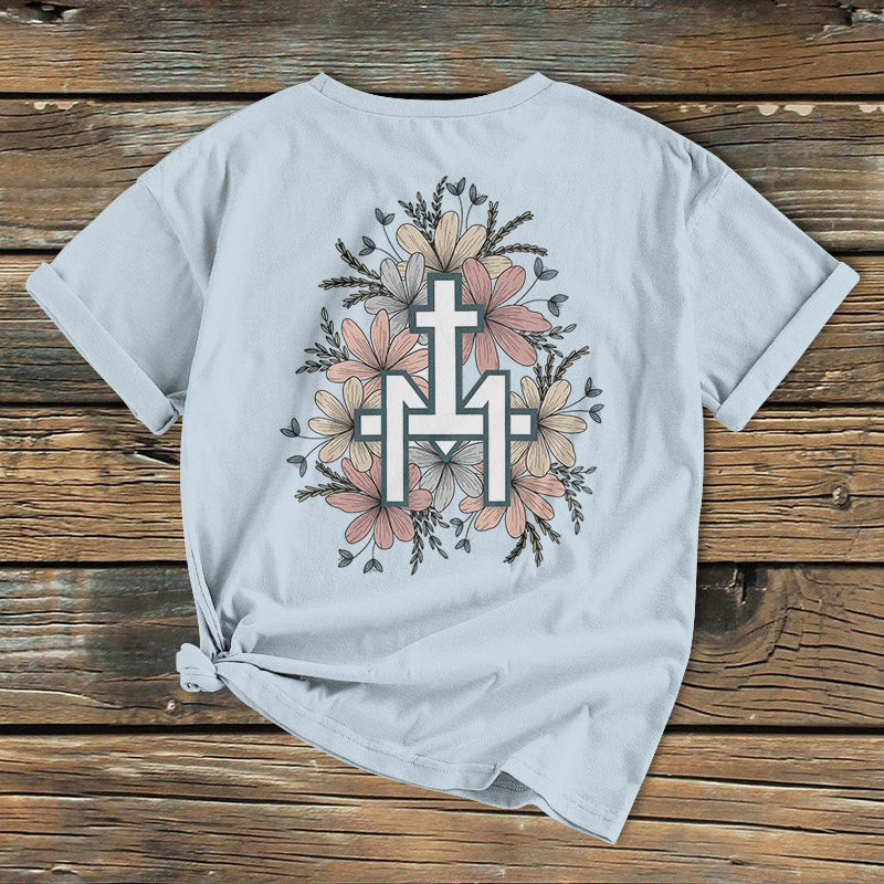 Christianartworkshop Classic Colored Style Floral Marian Cross Short Sleeve Washed T-shirt
