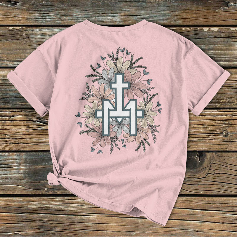 Christianartworkshop Classic Colored Style Floral Marian Cross Short Sleeve Washed T-shirt