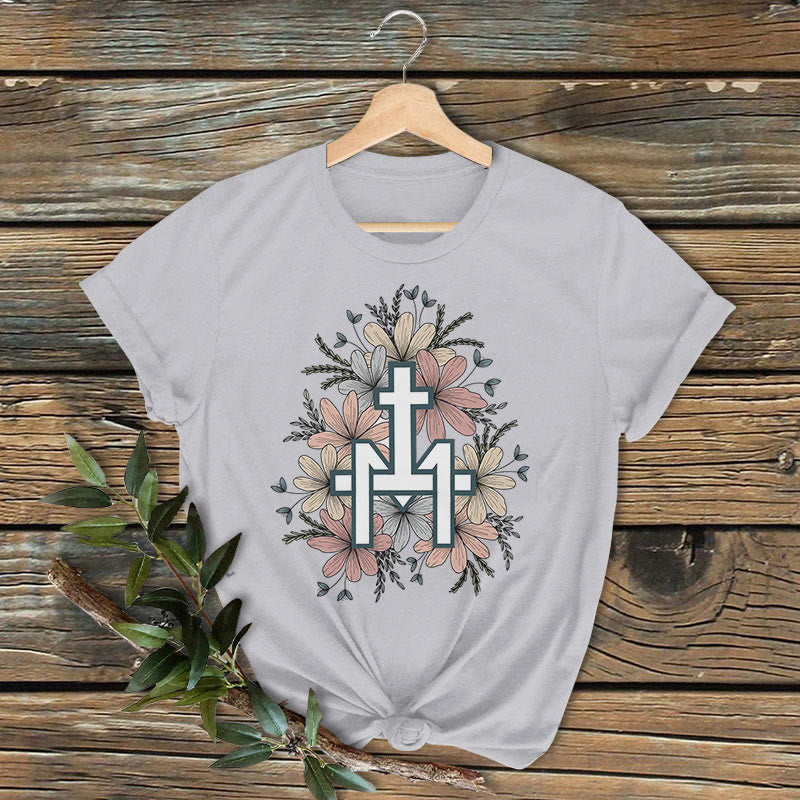 Christianartworkshop Classic Colored Style Floral Marian Cross Short Sleeve Washed T-shirt